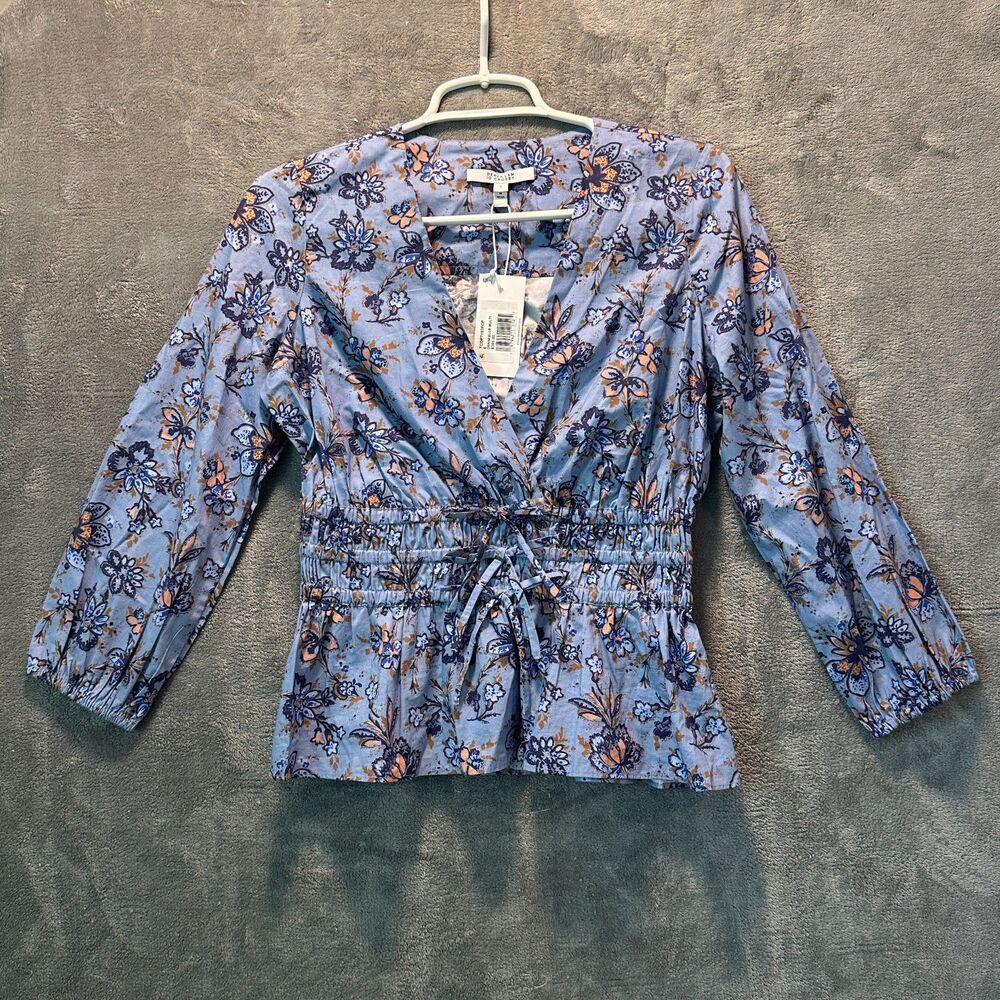 NWT NEW Derek Lam 10 Crosby Blue Floral Cotton Smocked Peplum Top Size 0